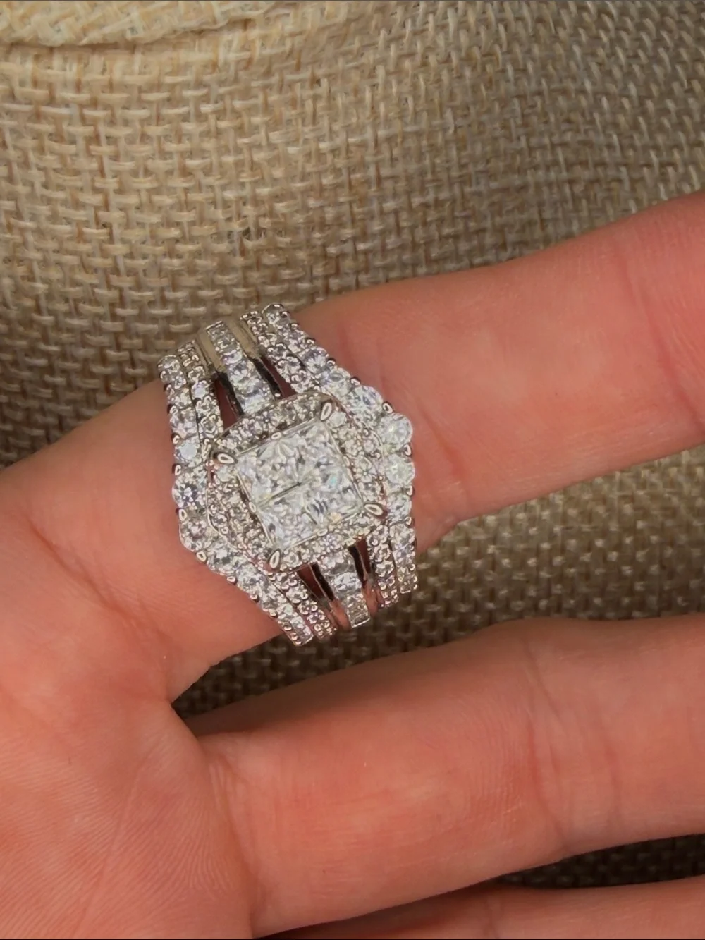 Silvertone Halo Multi-Row Cubic Zirconia Engagement Ring Sz 9